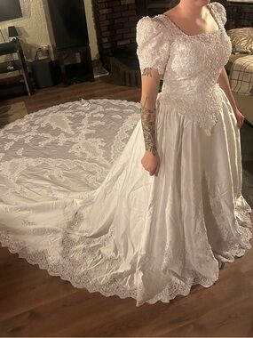 Vintage Lace Bridal Gown with Dramatic Train - White